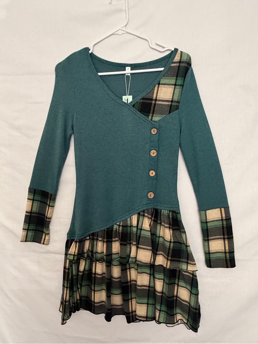 NWT Dressfo Women Green Plaid Asymmetric Button Knit Layered Mini Dress S(A866)